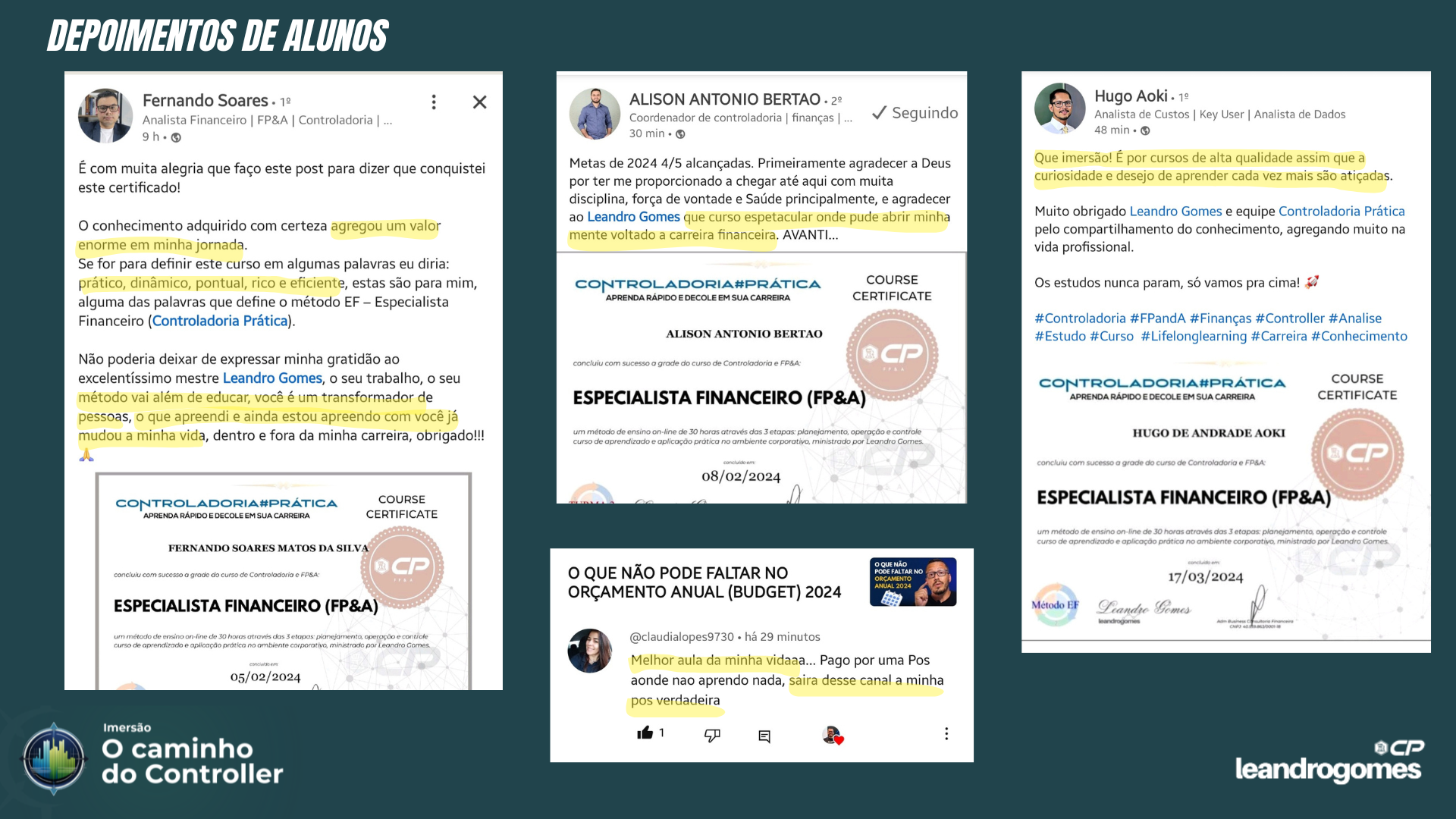 Depoimentos de alunos no LinkedIn com certificados do método EF